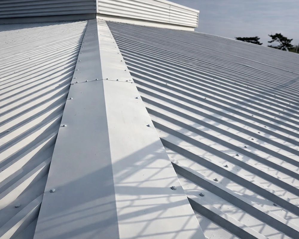Close-up view of a metal roof with corrugated sheets and ridge flashing, showing clean detailing and weatherproof junctions